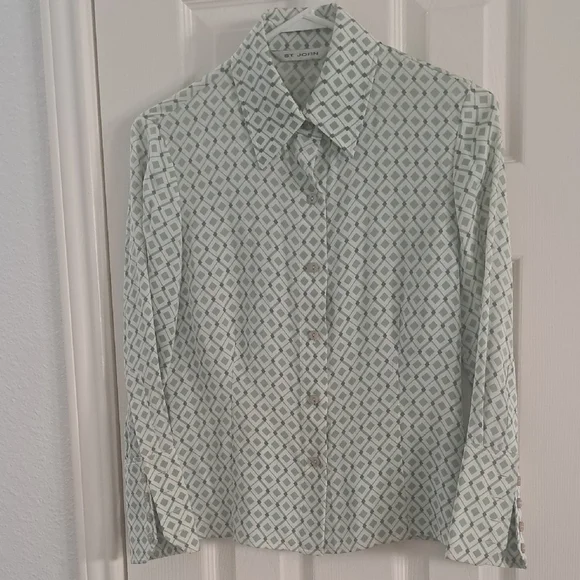 Vintage ST John Mint Green Patterened Silk Blouse Sz 2 - Picture 1 of 6